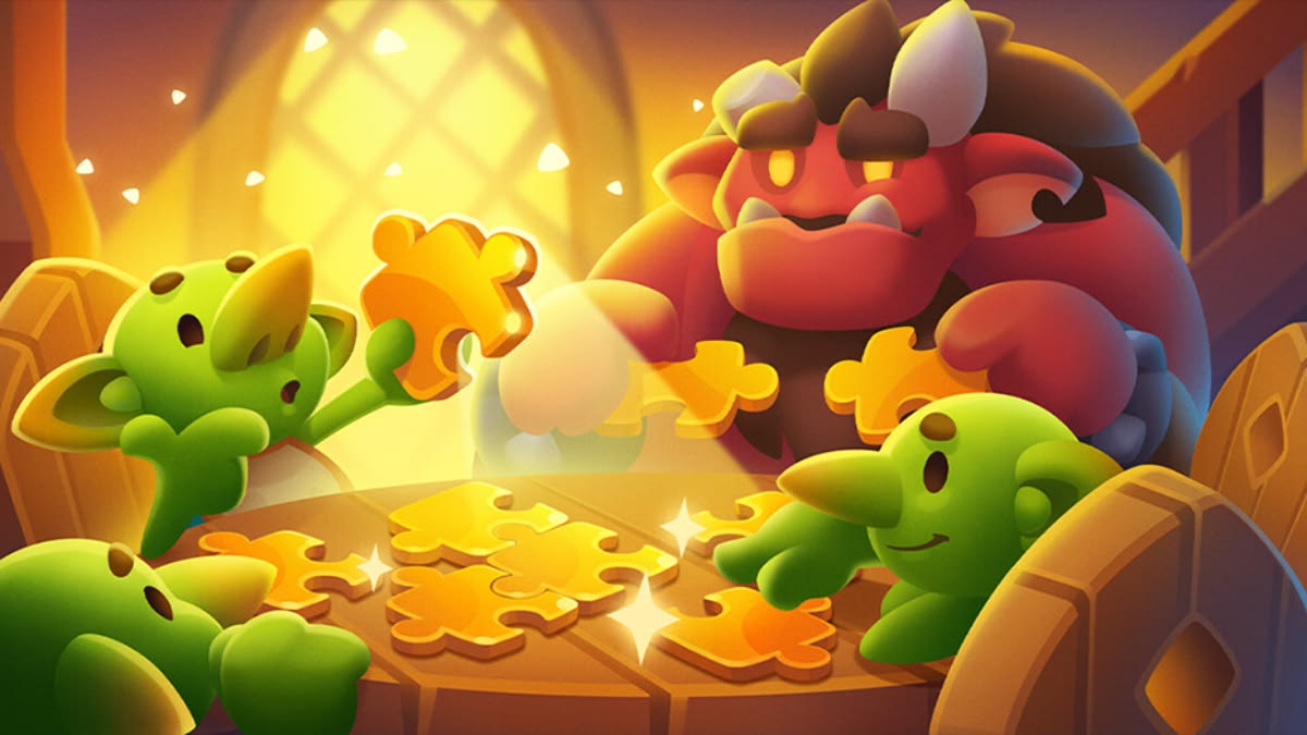 An adventure scene with playful characters and golden treasure